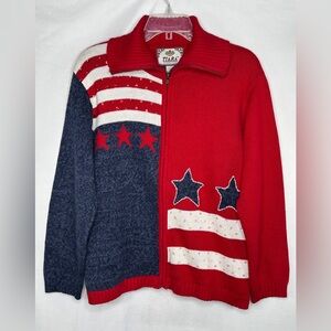Vintage Tiara Int’l American Flag Zip Up Sweater Red White Blue Sequins USA Sz L